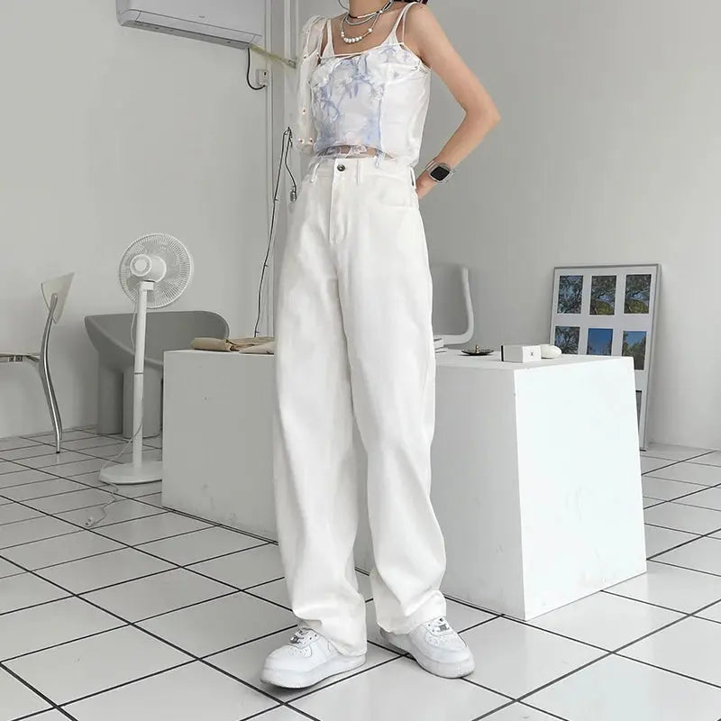 Herbst Kaqi Weiße Jeans Frauen Breite Bein Hosen Mom Femme RUZARO