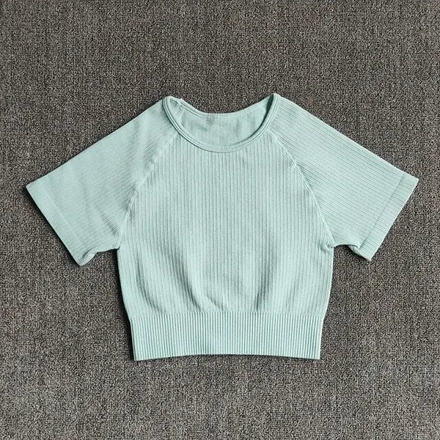 Women Yoga Shirts Short Sleeve Crop Top Gym Tops Fitness Running Workout Sport T-Shirts Sports Wear-9