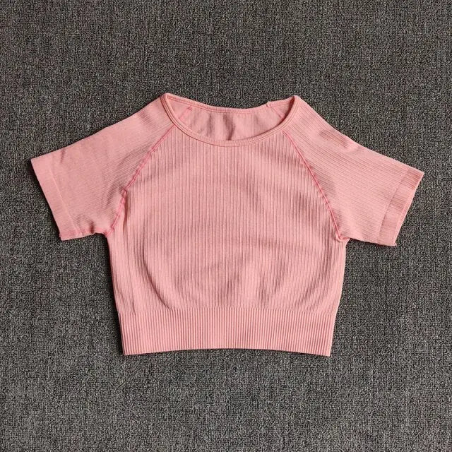 Women Yoga Shirts Short Sleeve Crop Top Gym Tops Fitness Running Workout Sport T-Shirts Sports Wear-7