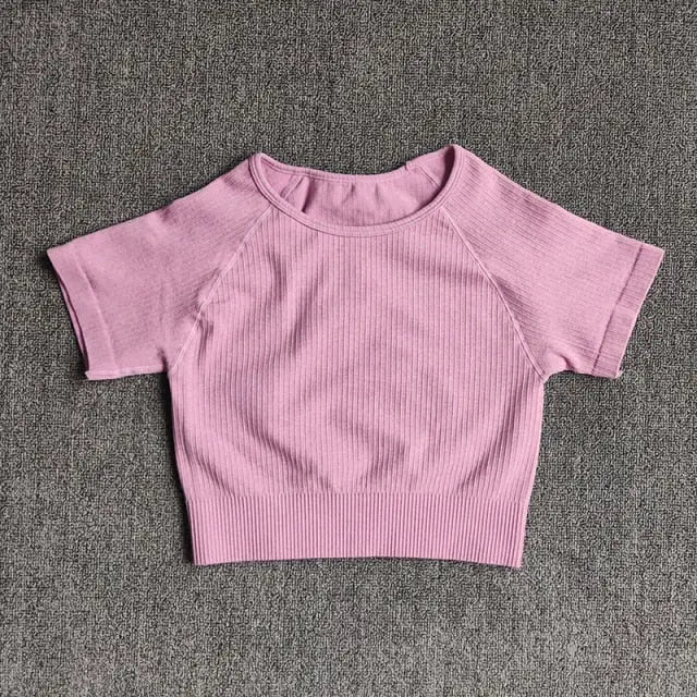 Women Yoga Shirts Short Sleeve Crop Top Gym Tops Fitness Running Workout Sport T-Shirts Sports Wear-8