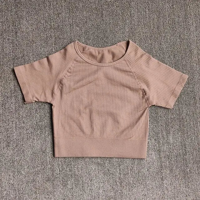 Women Yoga Shirts Short Sleeve Crop Top Gym Tops Fitness Running Workout Sport T-Shirts Sports Wear-12